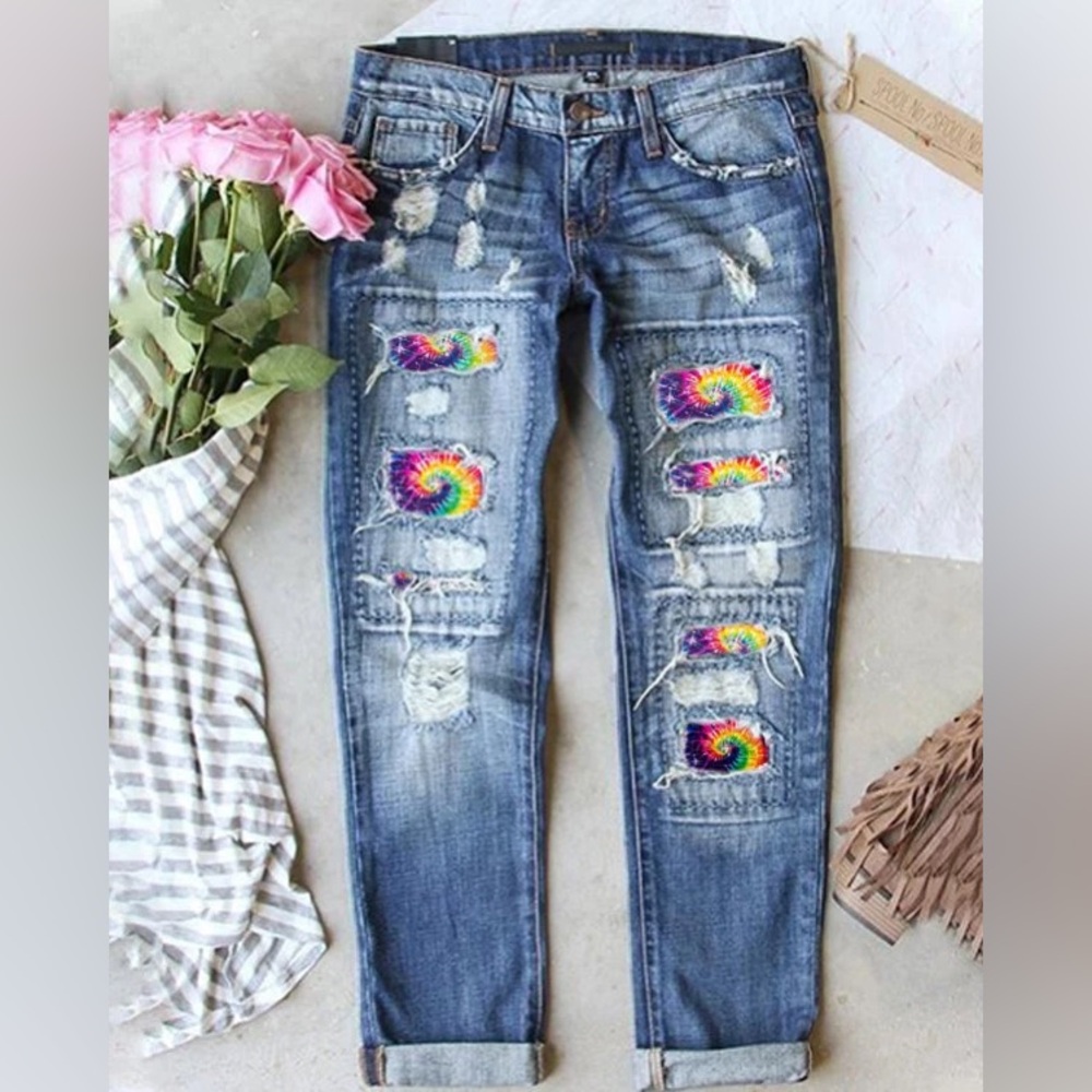 Tie dye Rainbow Bandana Patched Jeans size L